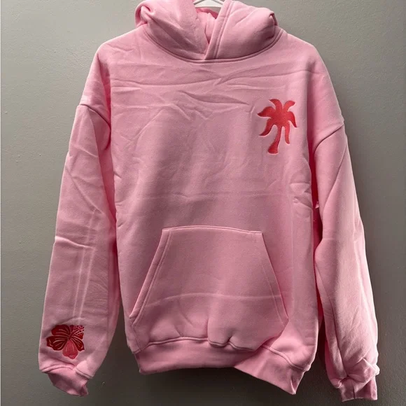 Pink Palm Puff Hoodie Everything Comes In Waves Women Pink Pull Over Hoodie - Picture 5 of 8
